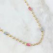 Cadena Rustica Barril Rayado 8.95gr / 50cm / 3mm Cauchos Fucsias Y Celestes - Bolas Diamantadas Oro Amarillo 18K