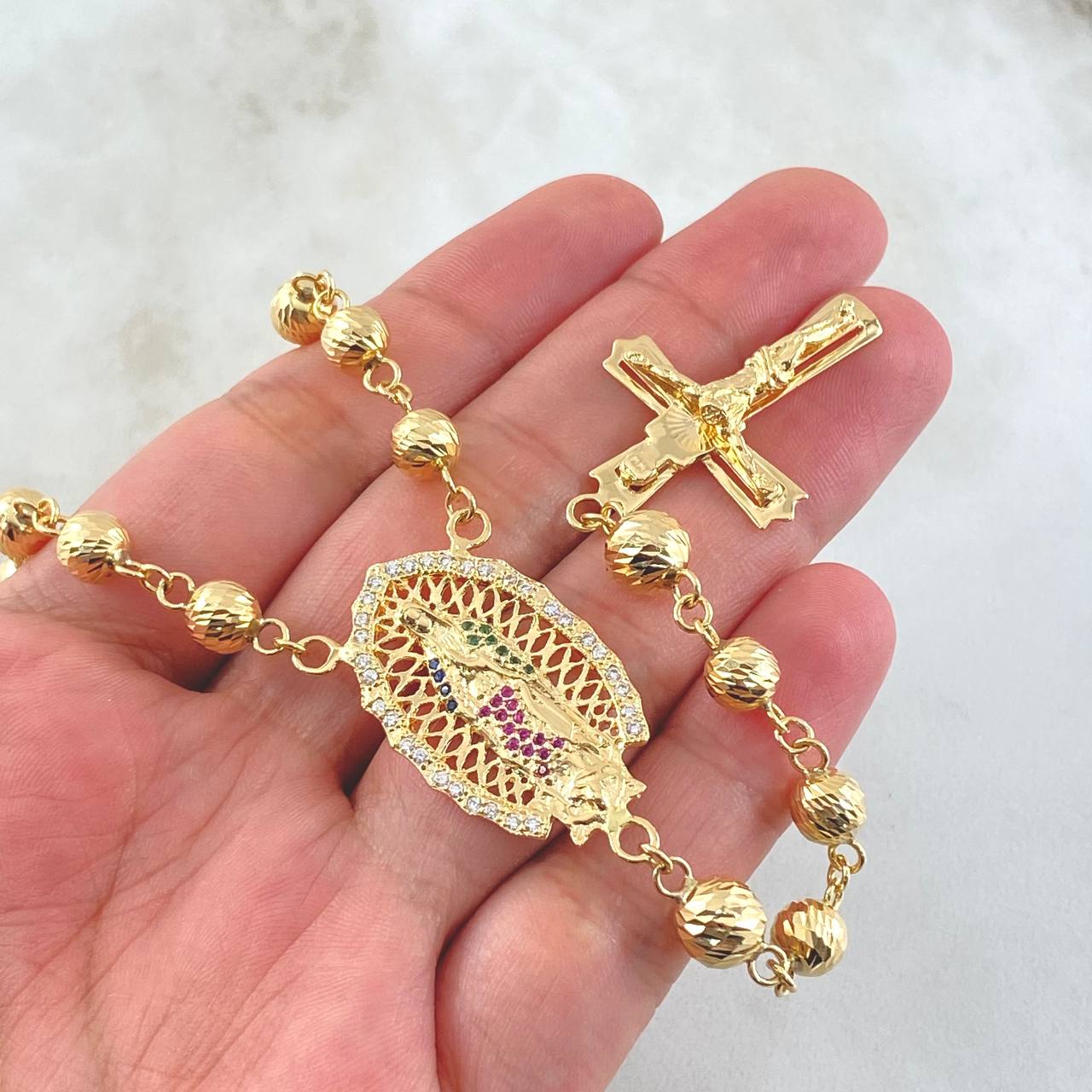 Rosario Cruz Cristo Virgen Guadalupe 31.7gr / 70cm / Oro Amarillo 18K *