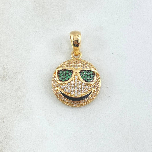 Dije Emoji Con Gafas 4.05gr / 3cm / Circones Blancos Verdes Oro Amarillo 18K ©