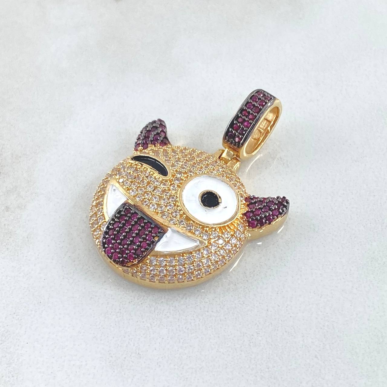 Dije Emoji Diablo 7.95gr / 3.5cm / Circones Blancos Fucsias Oro Amarillo 18K ©