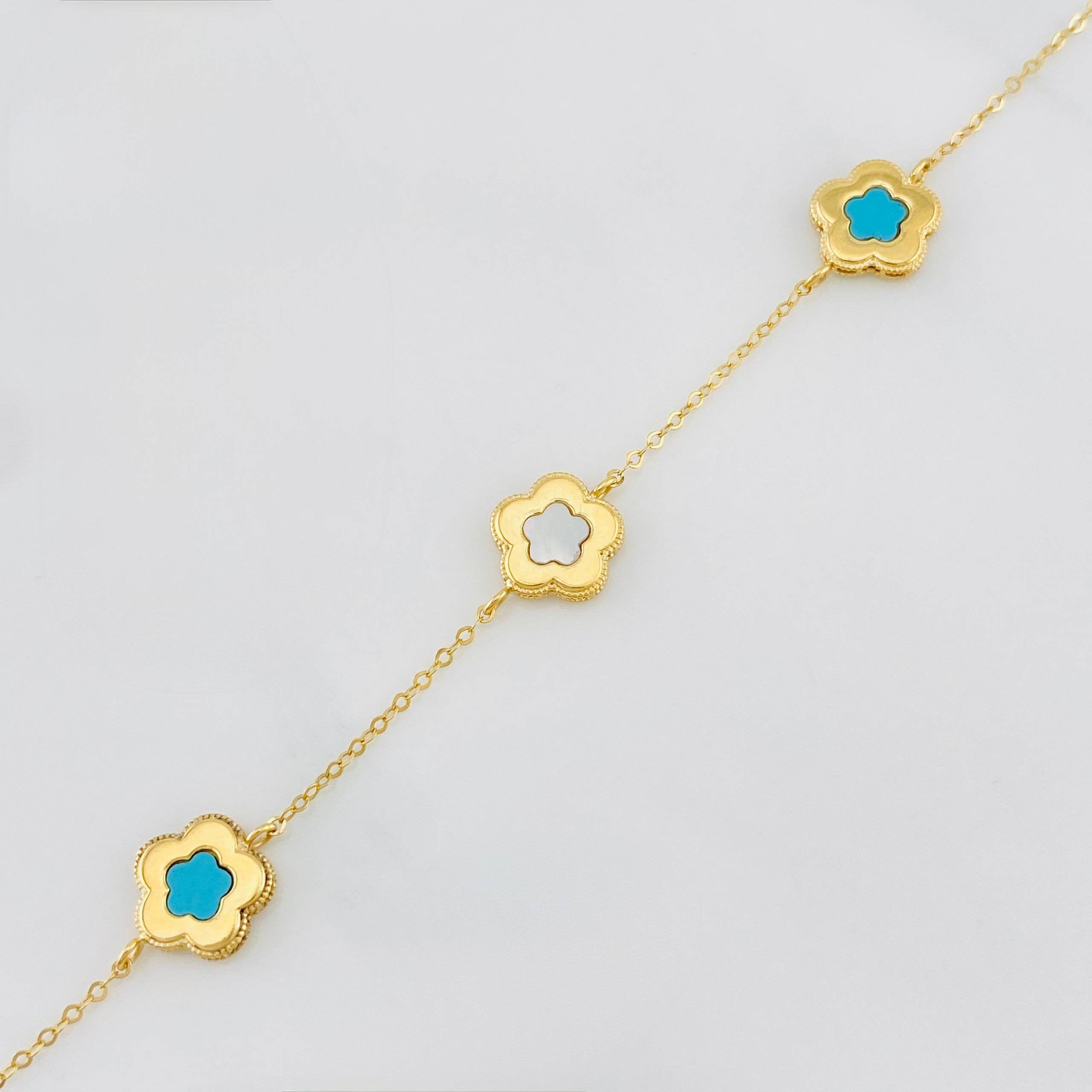 Tobillera Aro seguido trebol nacar rosa 2.25g / 19cm-17cm / 1mm Oro Amarillo 18K