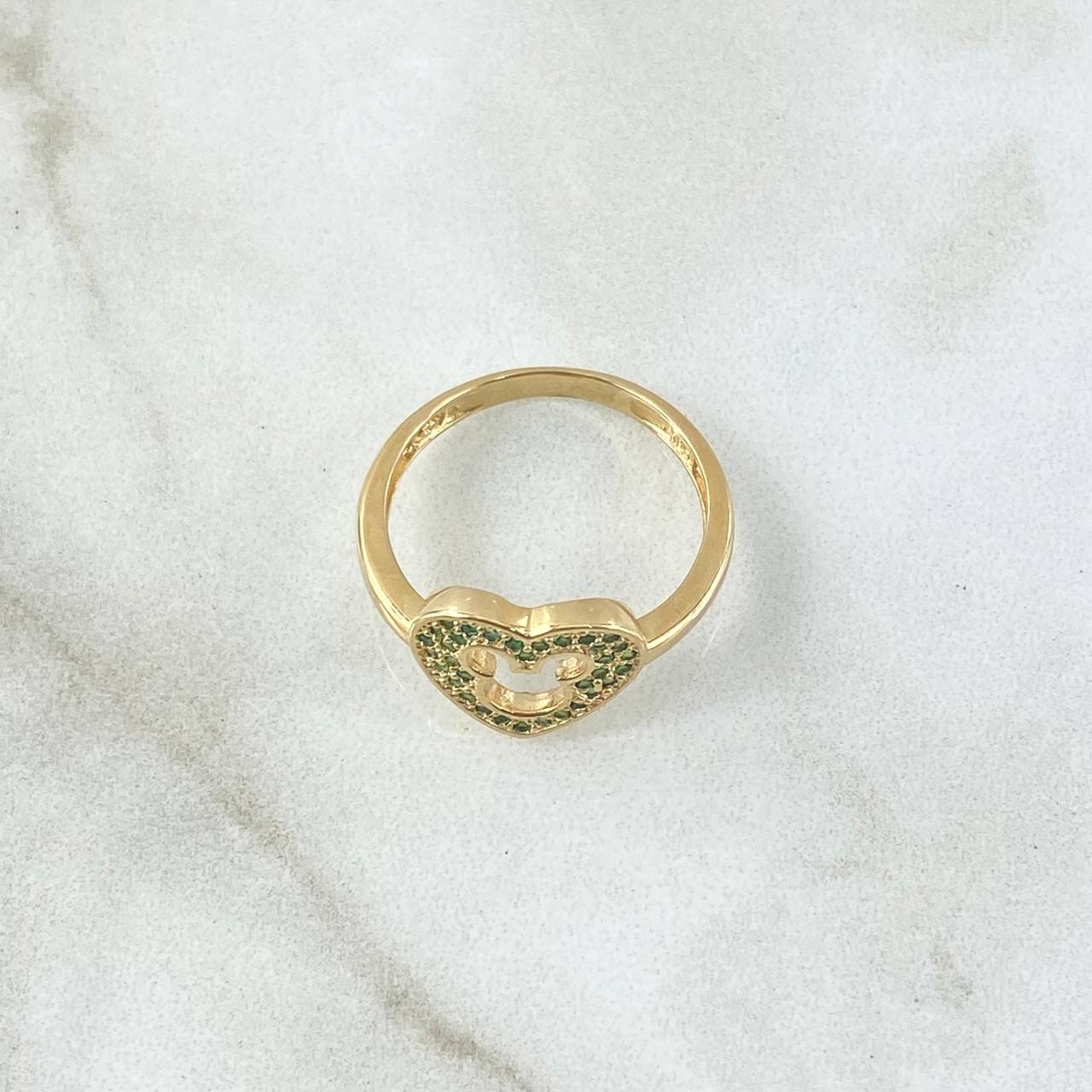 Anillo Corazón Raton Interno 2.75gr / T6 1/2 / Circones Verdes Oro Amarillo 18K ©
