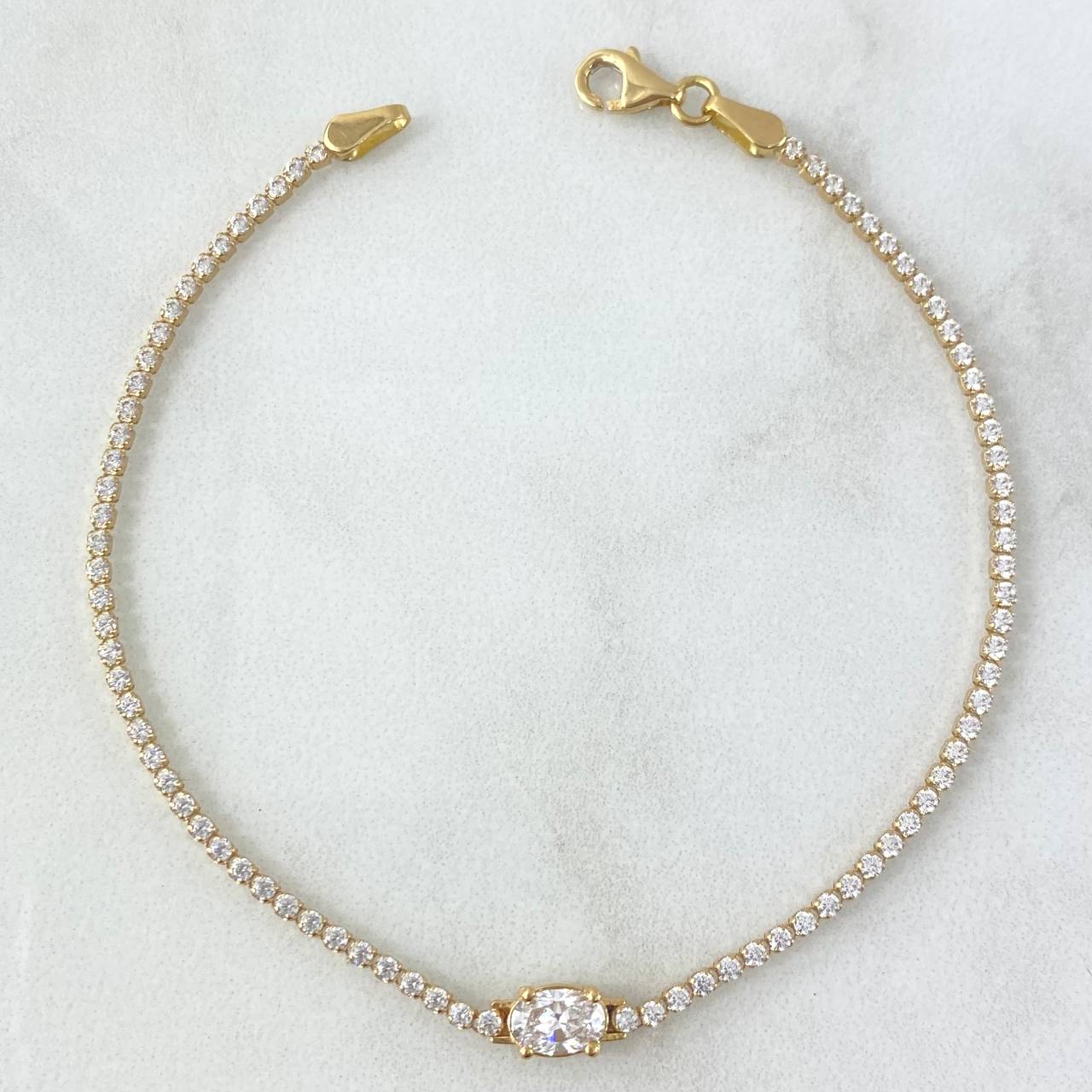 Pulso Tennis Piedra Central 2.95gr / 18.5cm / 1.6mm Circones Blancos Oro Amarillo +4 18K