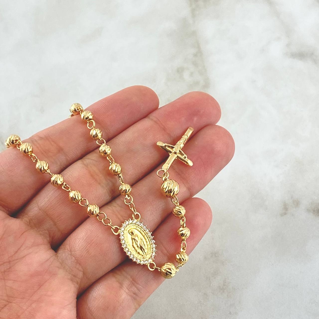 Rosario Virgen Milagrosa 11.7gr / 50cm / 4mm-5mm Bolas Diamantadas Cruz Puntas Planas Circones Blancos Oro Amarillo 18K *