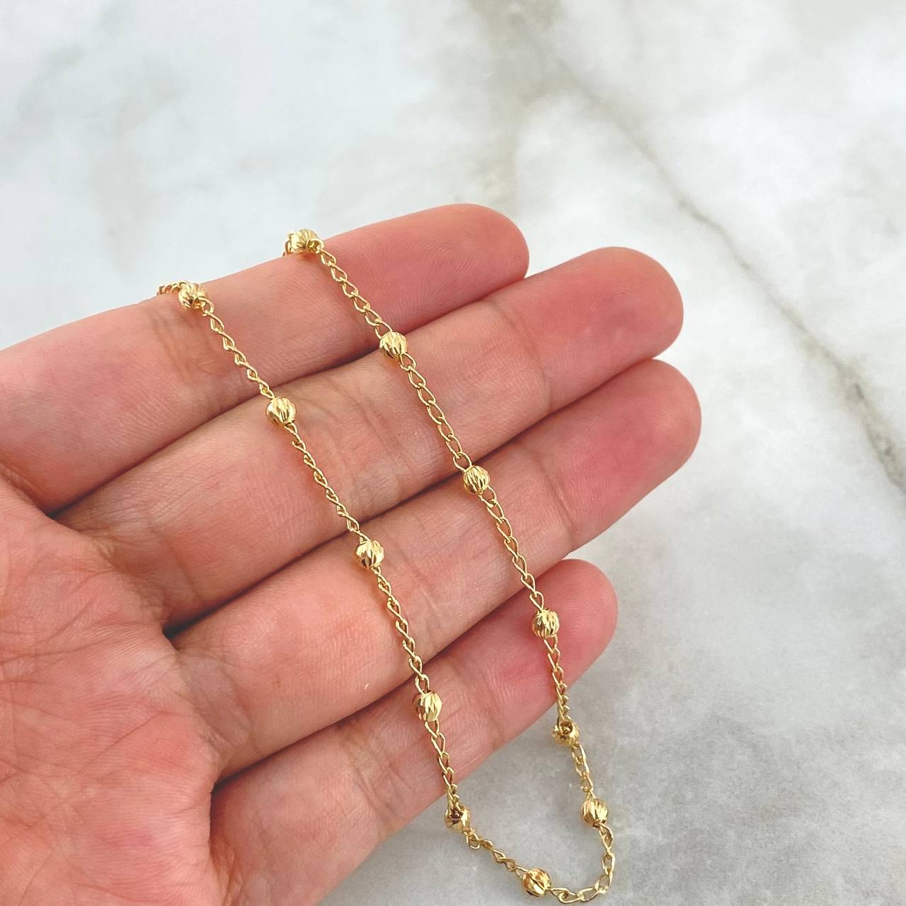 Tobillera Espiga 2.35gr / 24.5cm / 3mm Bolas Diamantadas Oro Amarillo 18K ©