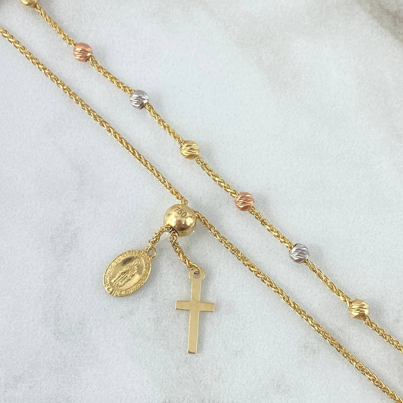 Pulso Franco Denario Gradual 2.8gr / 16cm-20cm / 3mm Bola Dimantada Virgen Milagrosa Cruz Lisa Tres Oros +4 18K