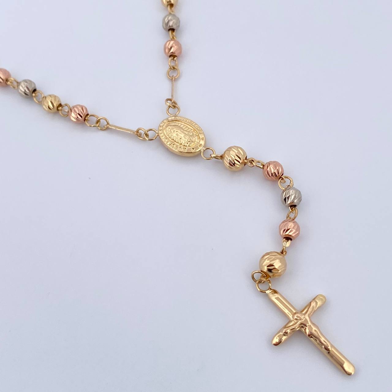 Rosario Virgen Guadalupe 11gr / 60cm / 4mm-5mm Bolas Diamantadas Tres Oros 18K $
