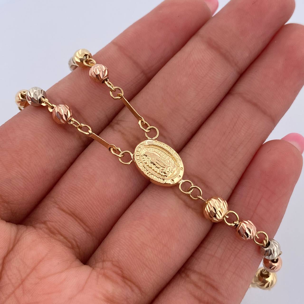 Rosario Virgen Guadalupe 11gr / 60cm / 4mm-5mm Bolas Diamantadas Tres Oros 18K $