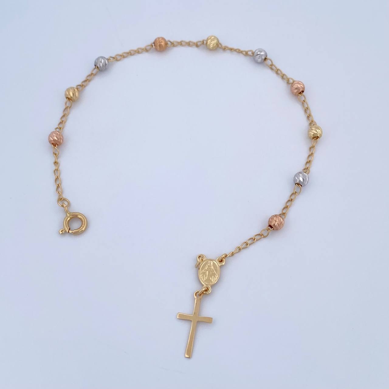 Pulso Denario Virgen Milagrosa 2.75gr / 19.5cm / 4mm Bolas Diamantadas Tres Oros 18K &
