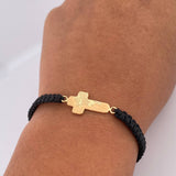 Pulsera Tejida Negra Cruz Rostro Cristo 0.85gr / Oro Amarillo 18K &