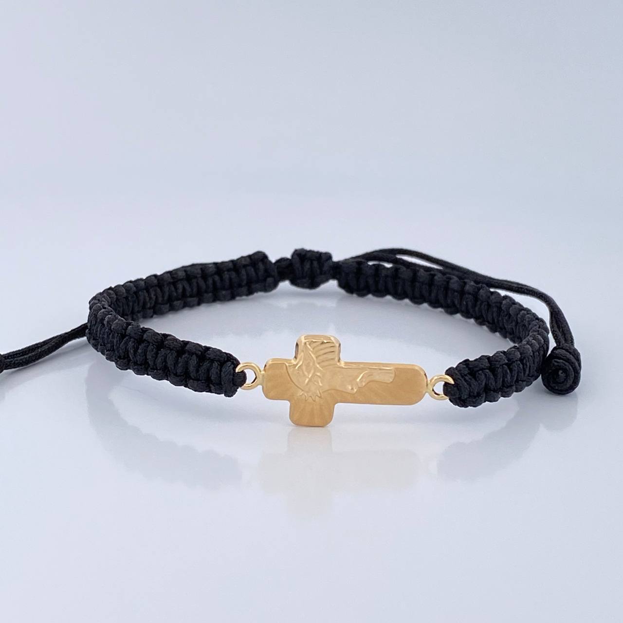 Pulsera Tejida Negra Cruz Rostro Cristo 0.85gr / Oro Amarillo 18K &