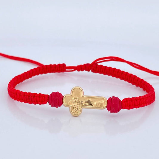 Pulsera Tejida Roja Cruz Rostro Cristo 0.95gr / Oro Amarillo 18K &
