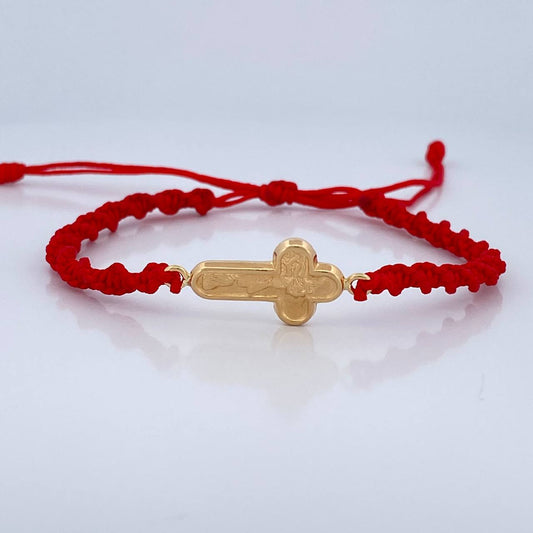 Pulsera Tejida Roja Cruz Rostro Cristo 0.95gr / Oro Amarillo 18K &