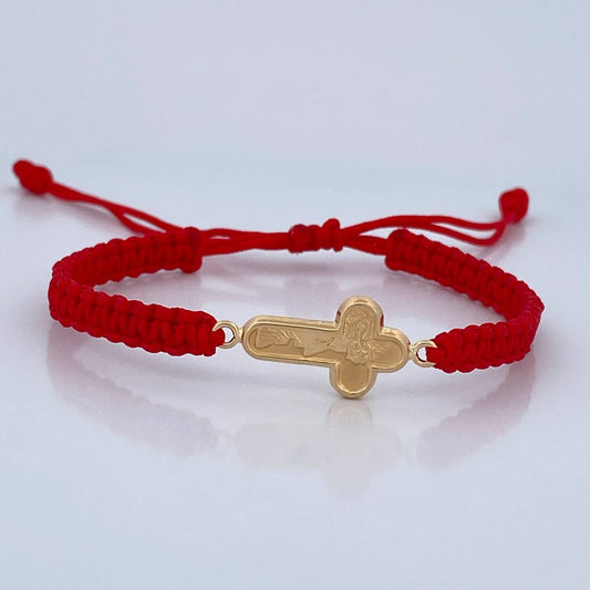 Pulsera Tejida Roja Cruz Rostro Cristo 0.95gr / Oro Amarillo 18K &