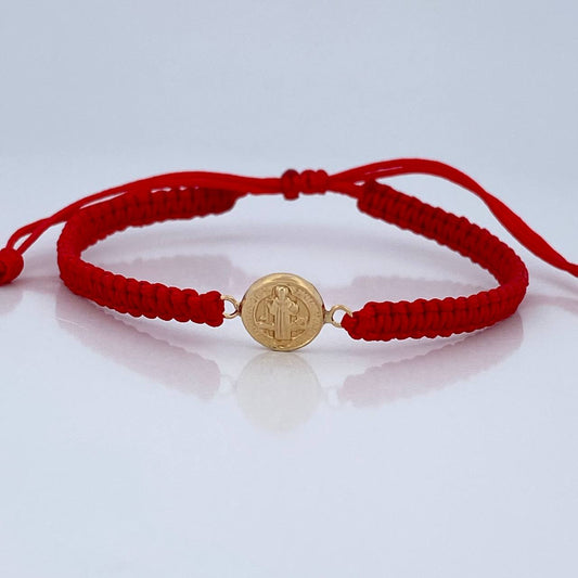Pulsera Tejida Roja San Benito 0.5gr / Oro Amarillo 18K &