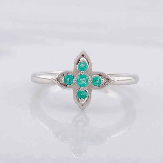 Anillo Flor Esmeraldas 12pts 2.65g / T7 1/4 Plata 950