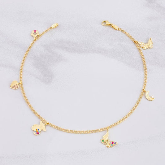 Tobillera Aro Seguido Doble Dijes Colgantes 5.45g / 28.2cm / 2.2mm Oro Amarillo 18K