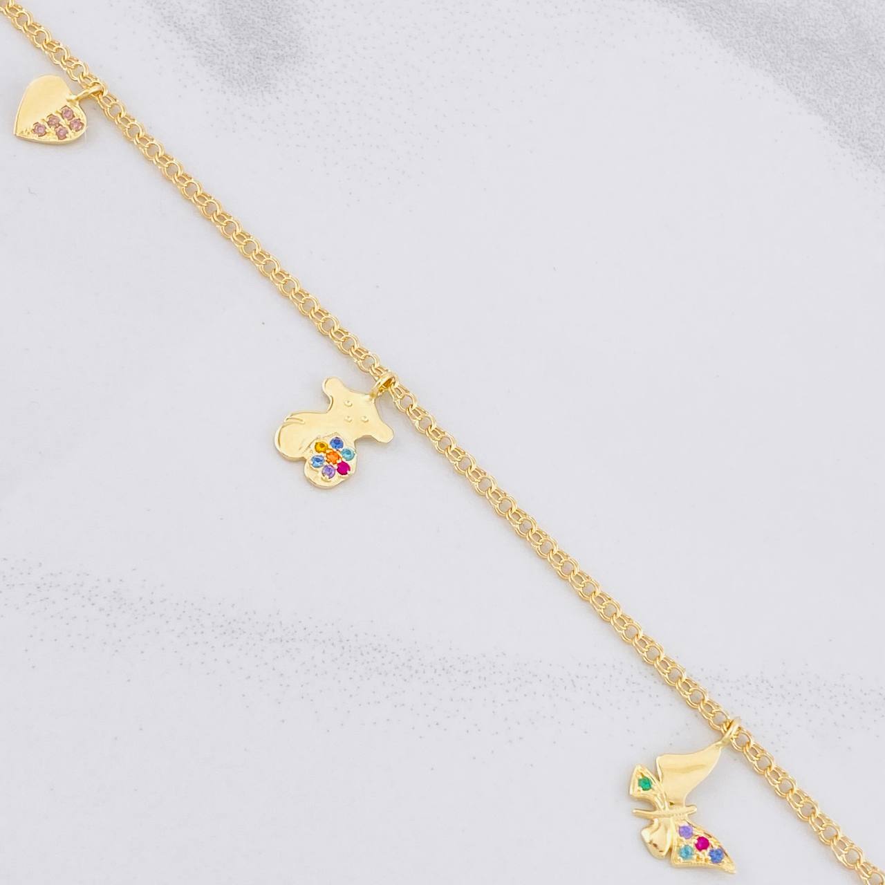 Tobillera Aro Seguido Doble Dijes Colgantes 5.45g / 28.2cm / 2.2mm Oro Amarillo 18K