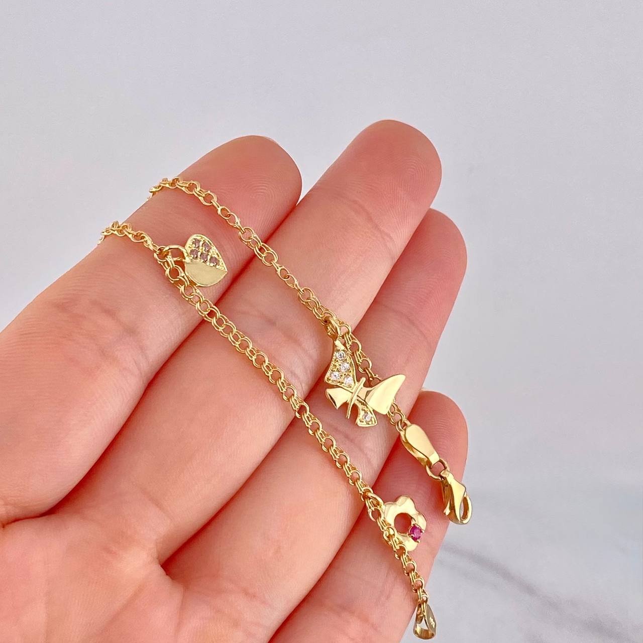 Tobillera Aro Seguido Doble Dijes Colgantes 5.45g / 28.2cm / 2.2mm Oro Amarillo 18K