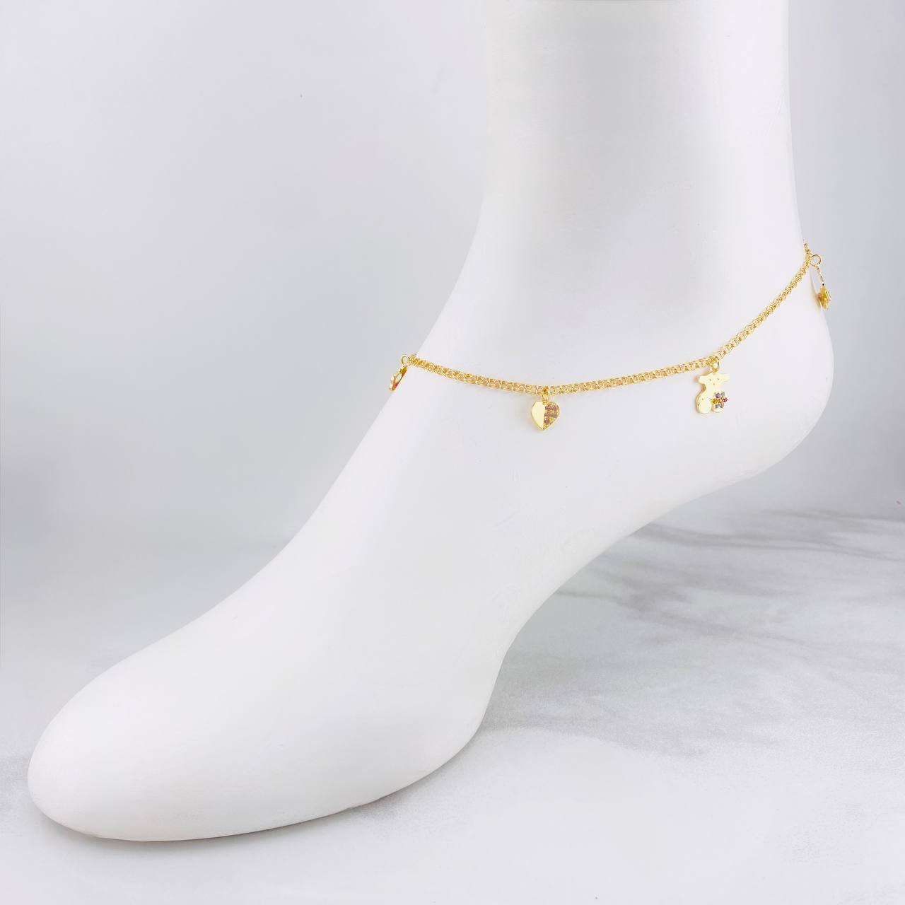 Tobillera Aro Seguido Doble Dijes Colgantes 5.45g / 28.2cm / 2.2mm Oro Amarillo 18K