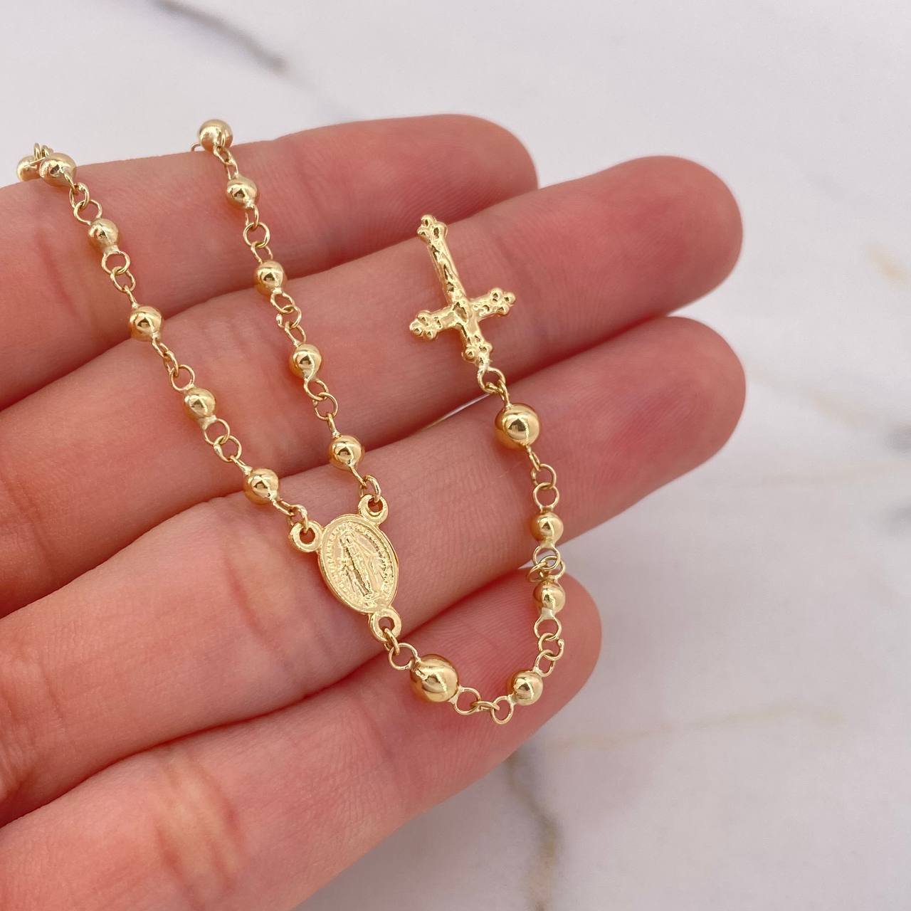 Rosario Virgen Milagrosa 6.35gr / 50cm / 3mm Bola Lisa Oro Amarillo 18K $