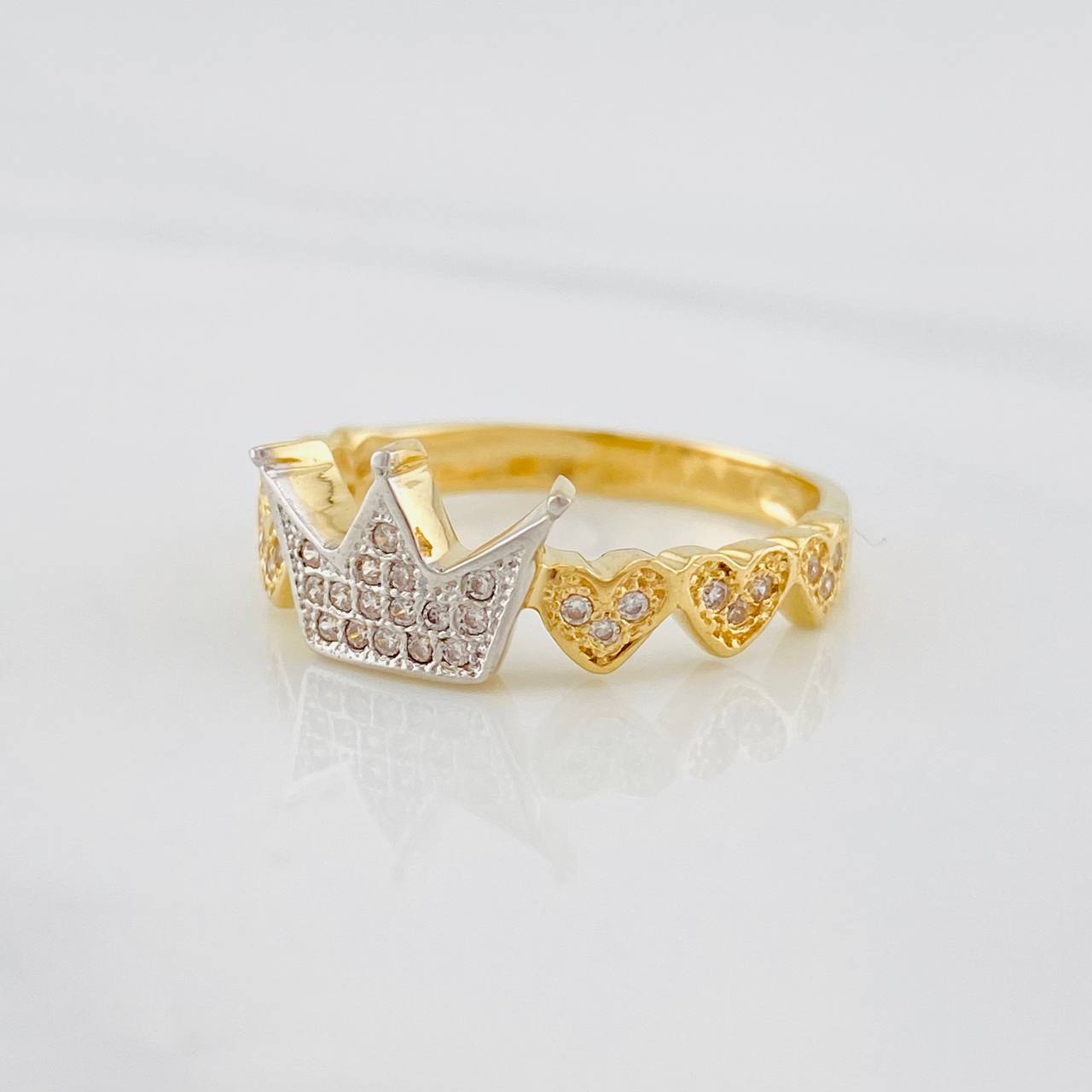 Anillo Corona Corazones 2.55g / T7 Dos Oros Amarillo Blanco 18K