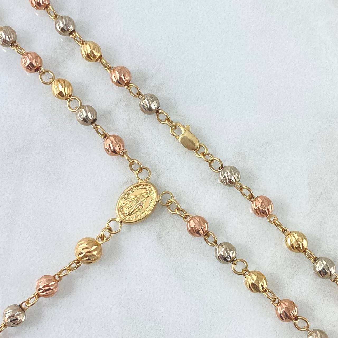 Rosario Virgen Milagrosa 10gr / 50cm / 5mm-4mm Bolas Diamantadas Cruz Cristo Tres Oros 18K©