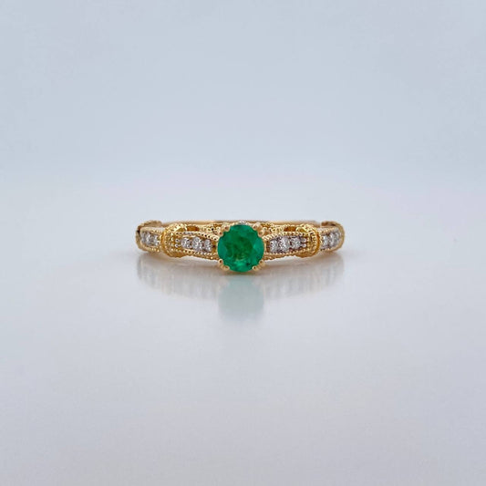 Anillo Solitario Puente 3.45gr / T6 3/4 / Esmeraldas 24 Pts Diamantes 16 Pts  Oro Amarillo 18K (Joya) &