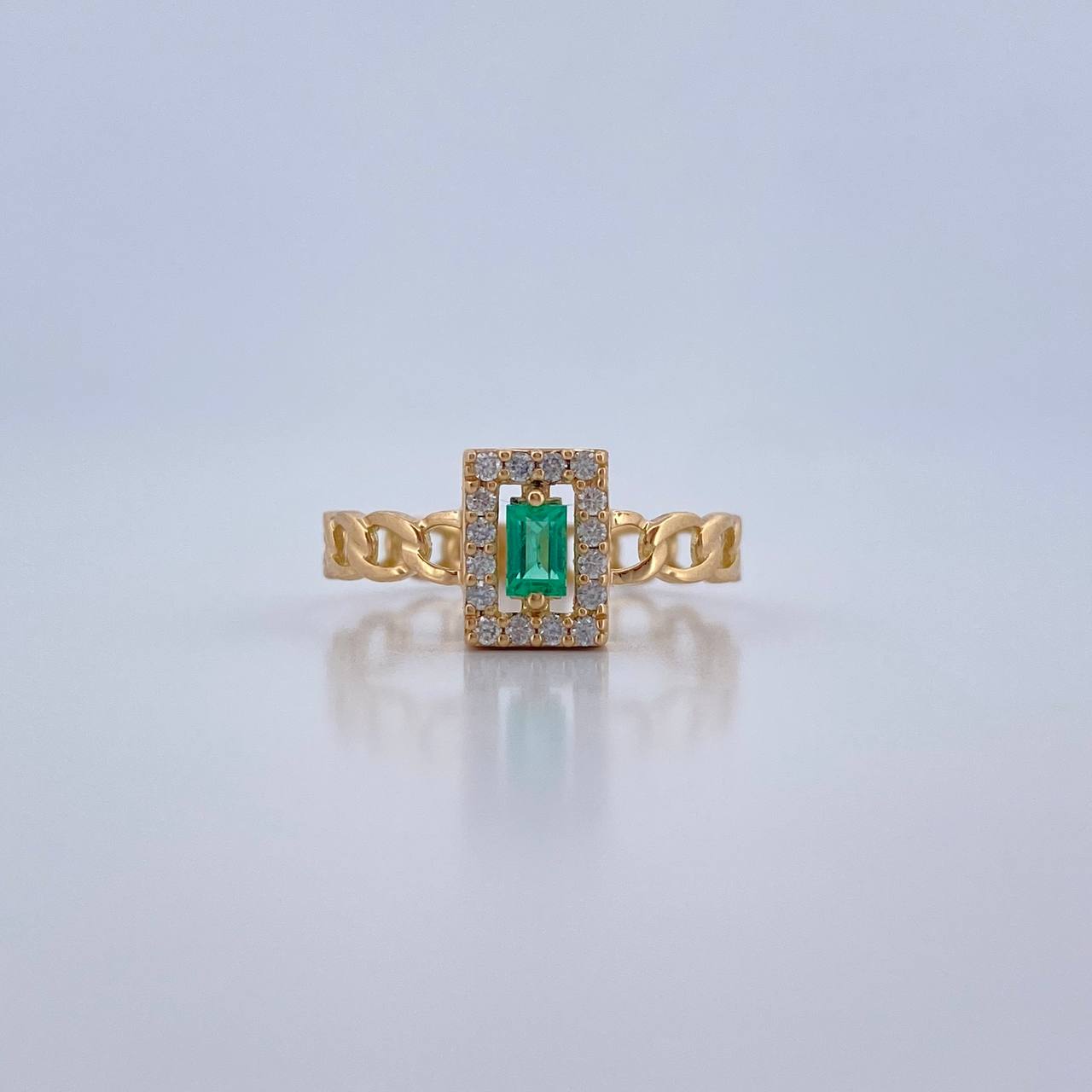 Anillo Cubano Rectangular 1.7gr / T6 1/4 / Esmeraldas 15 Pts Diamantes 14 Pts Oro Amarillo 18K (Joya) &
