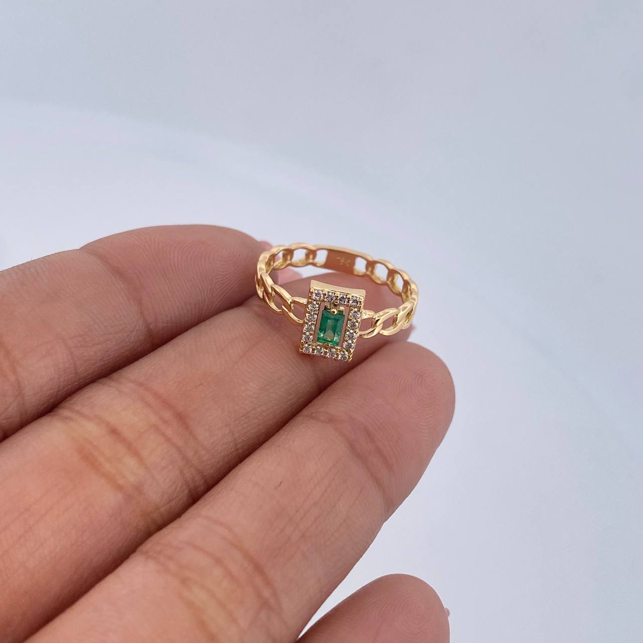 Anillo Cubano Rectangular 1.7gr / T6 1/4 / Esmeraldas 15 Pts Diamantes 14 Pts Oro Amarillo 18K (Joya) &