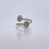 Anillo Solitario Halo Doble 2.45gr / T6 / Esmeraldas 26 Pts Diamantes 24 Pts Dos Oros Amarillo Blanco 18K (Joya) &