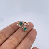 Anillo Solitario Halo Doble 2.45gr / T6 / Esmeraldas 26 Pts Diamantes 24 Pts Dos Oros Amarillo Blanco 18K (Joya) &