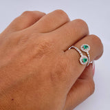 Anillo Solitario Halo Doble 2.45gr / T6 / Esmeraldas 26 Pts Diamantes 24 Pts Dos Oros Amarillo Blanco 18K (Joya) &