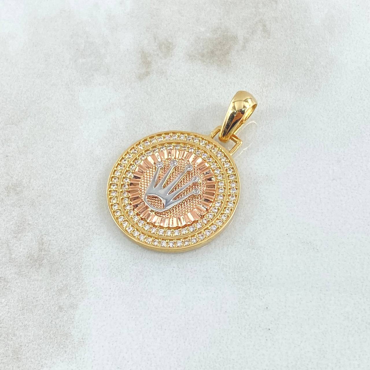Dije Medalla Corona RX 4.3gr / 3.1cm / Circones Blancos Dos Oros Amarillo Rosa 18K *