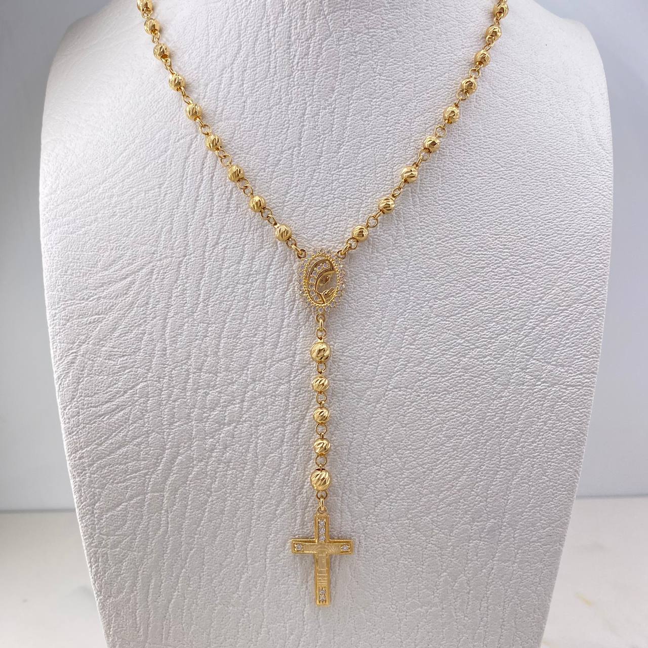 Rosario Virgen Maria 18.5gr / 60cm / 4mm-5mm Bolas Diamantadas Circones Blancos Oro Amarillo 18K $