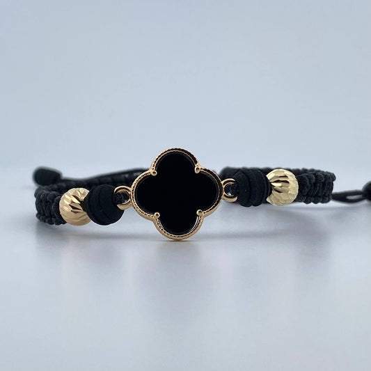 Pulsera Negra Trebol 2.15gr / Oro 18K &