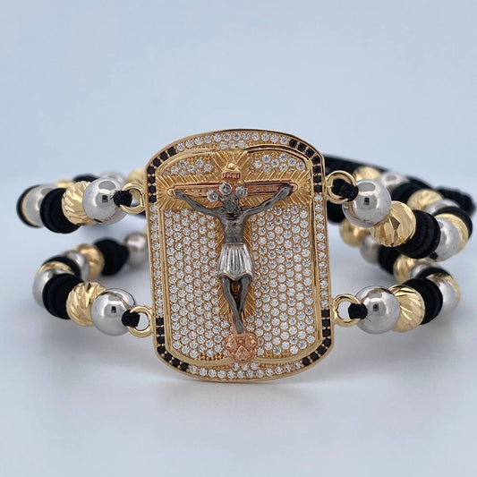 Pulsera Negra Cruz Cristo Milagroso 16.95gr / Oro 18K &