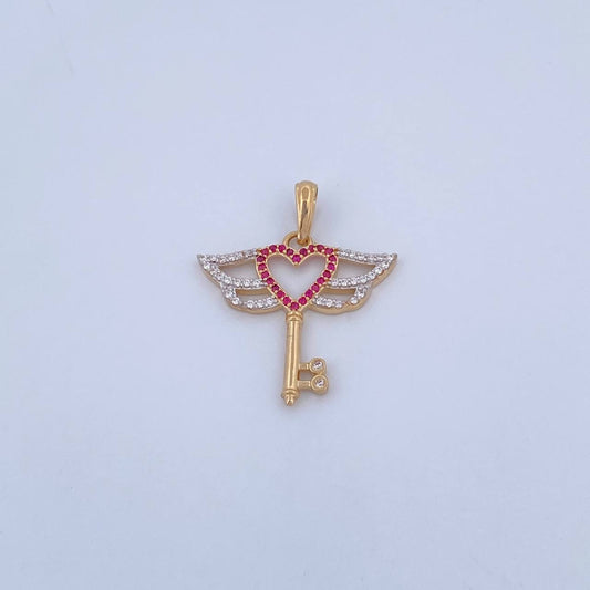 Dije Llave Corazon 2.85gr / 3.1cm / Circones Fucsias Blancos Dos Oros Amarillo Blanco 18K &