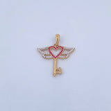 Dije Llave Corazon 2.85gr / 3.1cm / Circones Fucsias Blancos Dos Oros Amarillo Blanco 18K &