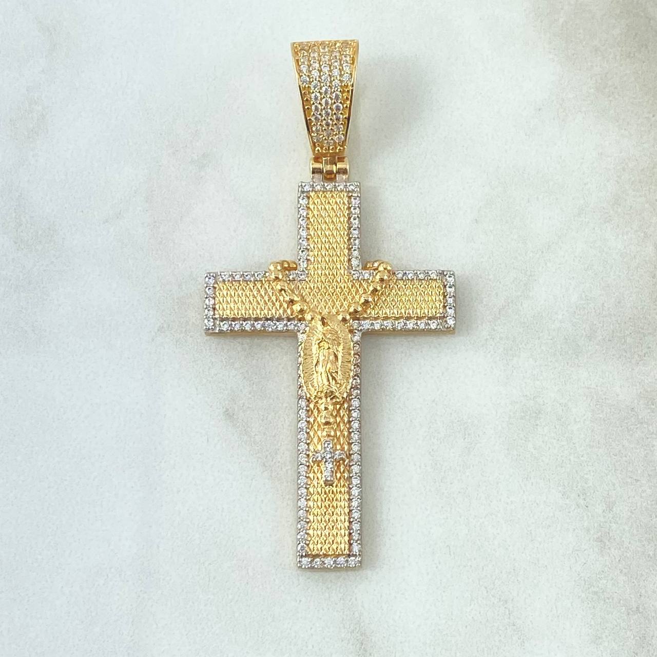 Dije Cruz Virgen Guadalupe Rosario 10gr / 5.7cm / Texturiizado Circones Blancos Oro Amarillo 18K ©