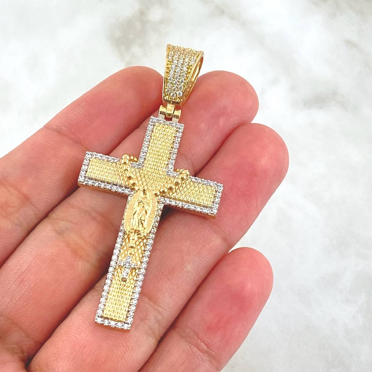 Dije Cruz Virgen Guadalupe Rosario 10gr / 5.7cm / Texturiizado Circones Blancos Oro Amarillo 18K ©