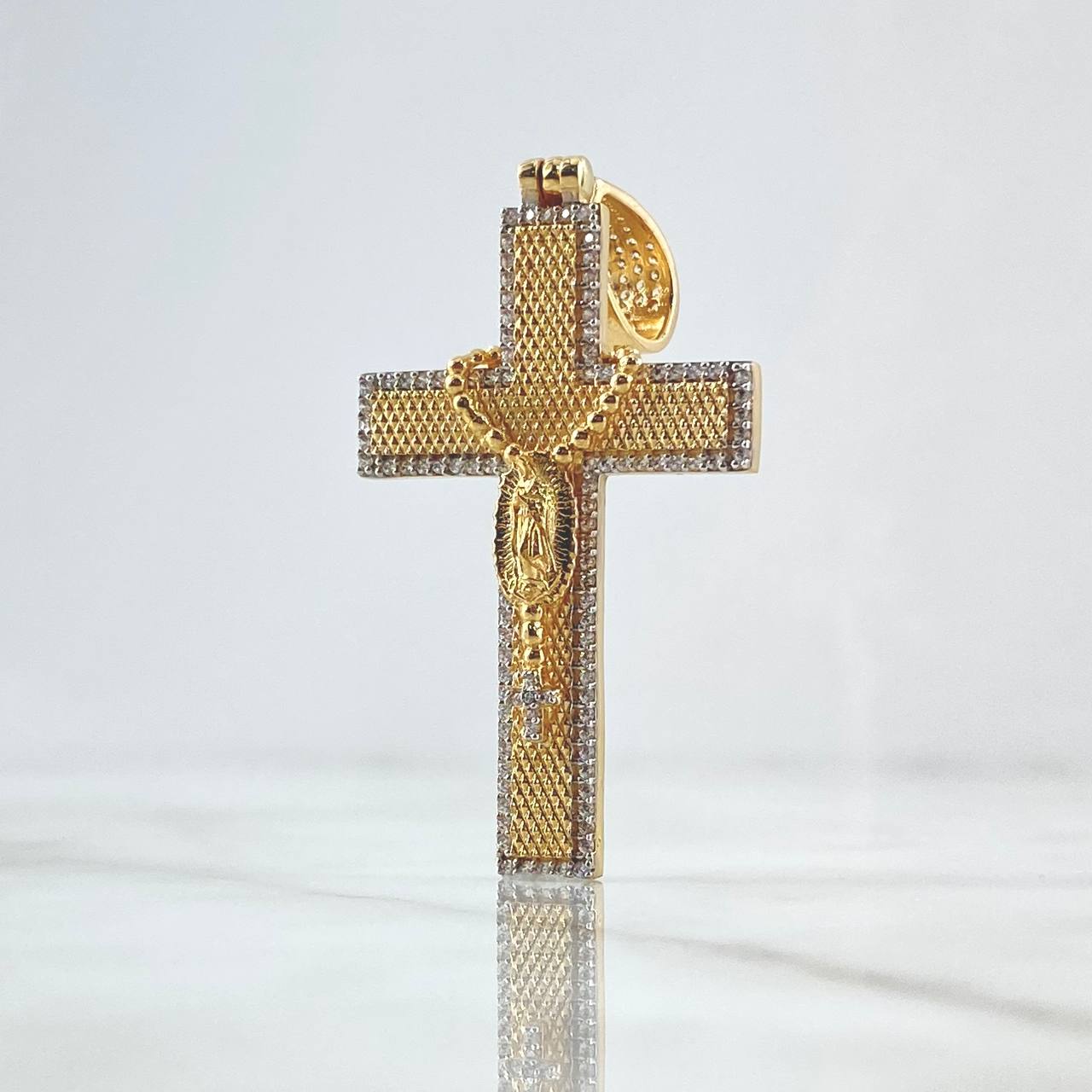 Dije Cruz Virgen Guadalupe Rosario 10gr / 5.7cm / Texturiizado Circones Blancos Oro Amarillo 18K ©