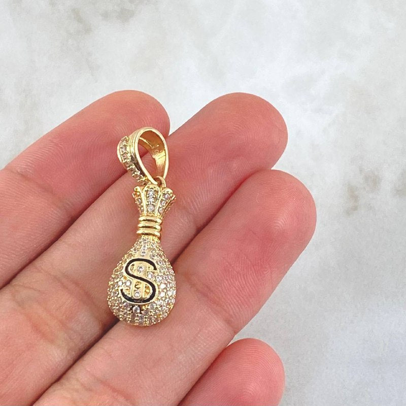 Dije Bolsa de Dinero 8.5gr / 4.2cm / Circones Blancos Oro Amarillo 18K ©