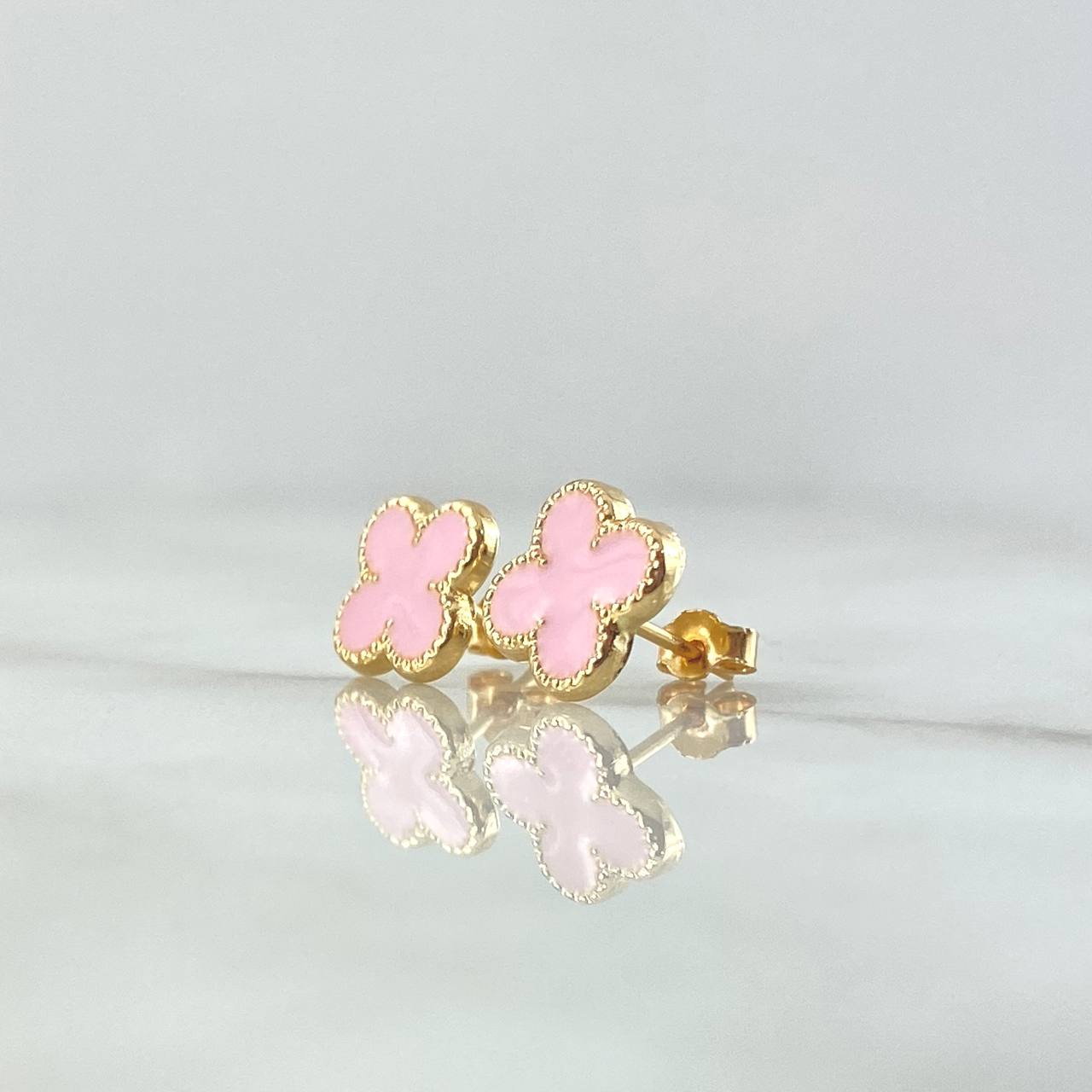 Topos Trebol VCyA 1.25gr / 9mm Resina Rosada borde Punteado Broche Mariposa Oro Amarillo 18K ©