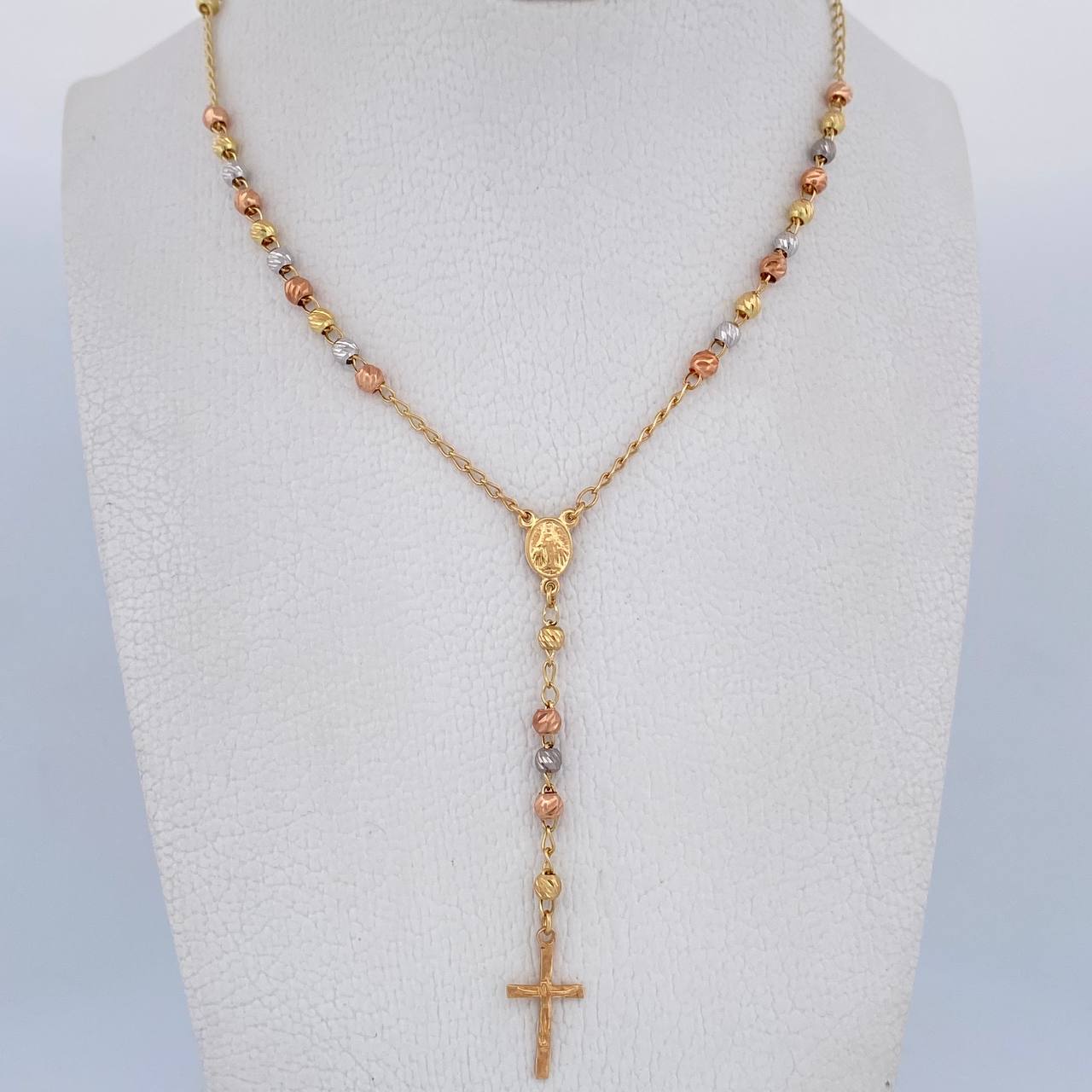 Rosario Virgen Milagrosa 6.7gr / 50.4cm / 2.9mm Bolas Diamantadas Tres Oros 18K &