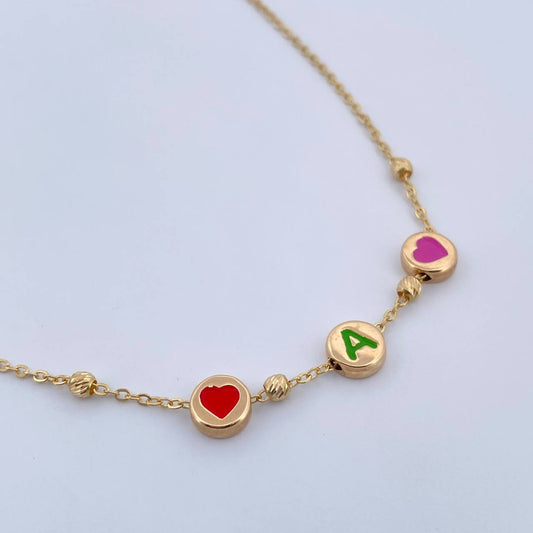 Cadena Aro Seguido Letra A Corazones 3.6gr / 46.7cm / 3mm Bolas Diamantadas Rosado Verde Rojo Oro Amarillo 18K &