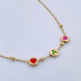 Cadena Aro Seguido Letra A Corazones 3.6gr / 46.7cm / 3mm Bolas Diamantadas Rosado Verde Rojo Oro Amarillo 18K &