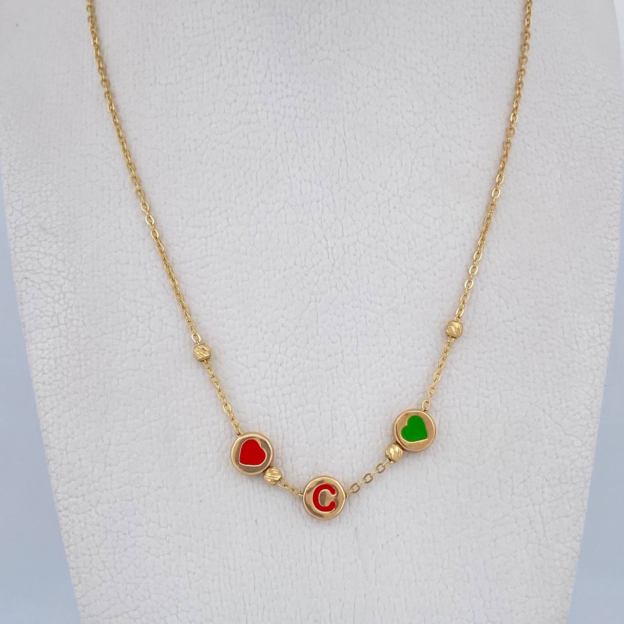 Cadena Aro Seguido Letra C Corazones 3.7gr / 45.7cm / 3mm Bolas Diamantadas Rojo Verde Azul Amarillo Oro Amarillo 18K &