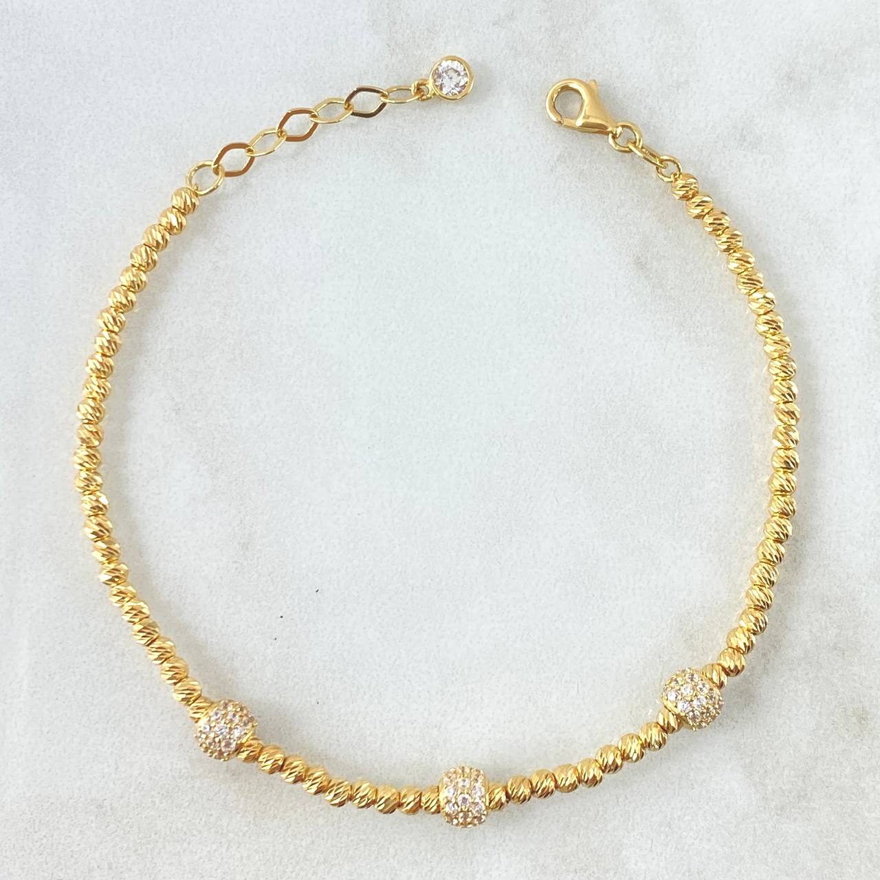 Pulso Militar Central 5.8gr / 19.5cm / 5mm Circones Blancos - Bolas Diamantadas Oro Amarillo +4 18K ©
