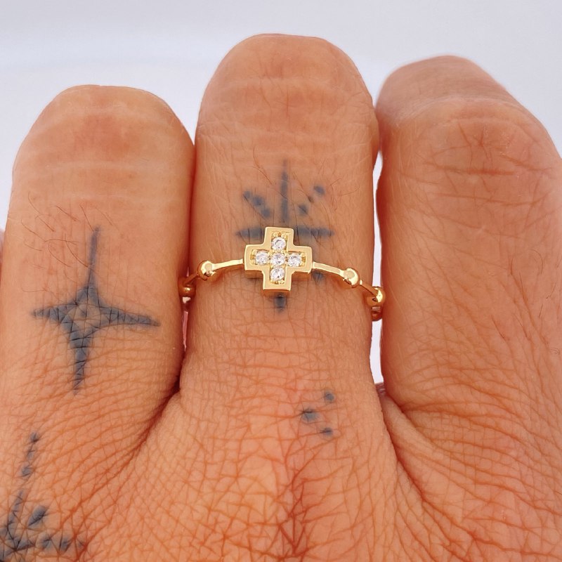 Anillo Cruz Bolas 2.1gr / T8 / Oro Amarillo 18K &